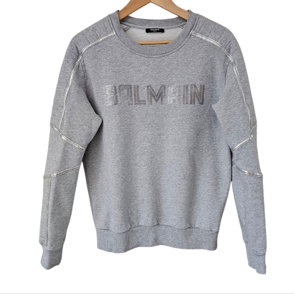 Balmain Paris Gray Embrossed Silver Crew Neck Sweatshirt S/M unisex - Picture 3 of 10